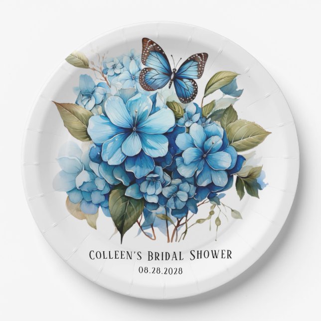 Plato De Papel Moda Azul Hydrangea Floral Mariposa Bridal Shower (Anverso)