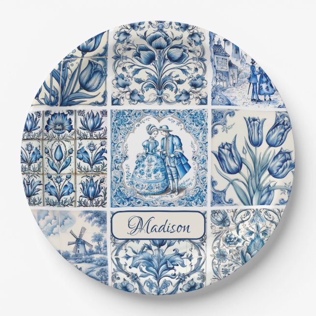 Plato De Papel Moda Azul toile blanco de jouy Muñecas y flores (Anverso)