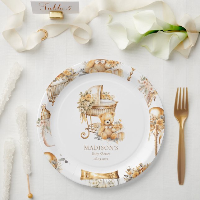 Plato De Papel Moda Beige y Personalizado Bassinet de oro (Boda)