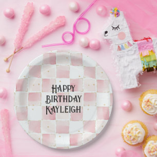 Plato De Papel Moda Blanca Rosa Girona Cuadrados Cumpleaños