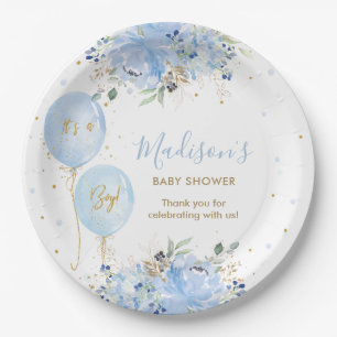 Plato De Papel Moda Blue Balloons Blue Floral Boy Baby Shower