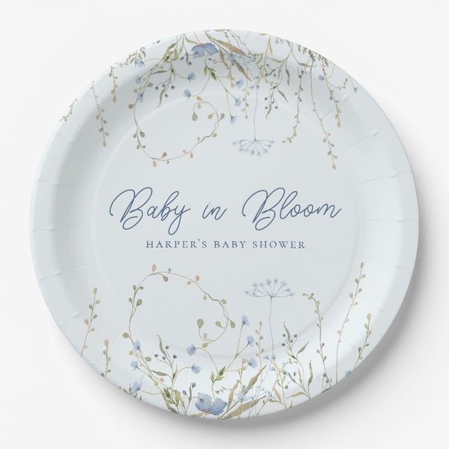 Plato De Papel Moda Blue Sky Wildflowers Boy Baby Shower (Anverso)