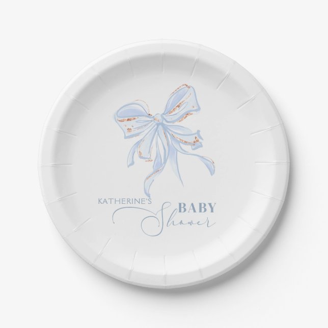 Plato De Papel Moda Blue y Gold Bow Boy Baby Shower (Anverso)