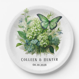 Plato De Papel Moda Boda de mariposa floral de Hydrangea verde