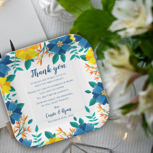 Plato De Papel Moda Boda floral amarillo azul Gracias mensaje
