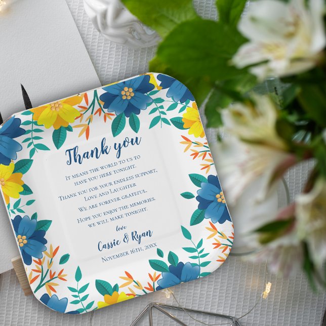 Plato De Papel Moda Boda floral amarillo azul Gracias mensaje (Chic Blue Yellow Floral Wedding Thank you Message Paper Plates)