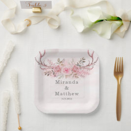 Plato De Papel Moda Boda Floral de Antlers de venado rosado Rubor