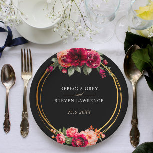 Plato De Papel Moda boda floral negro rojo