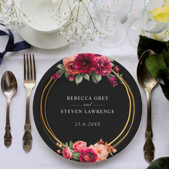 Plato De Papel Moda boda floral negro rojo (Subido por el creador)