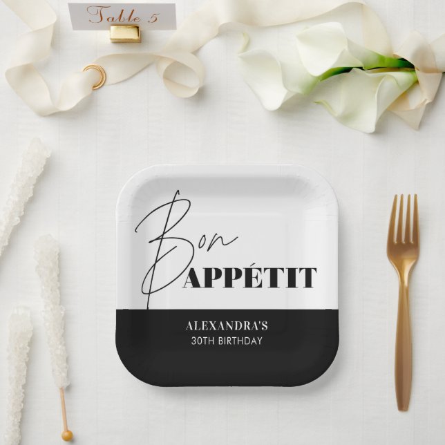 Plato De Papel Moda Bon Blanco Negro Appétit Script Cumpleaños (Boda)
