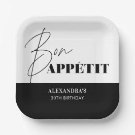 Plato De Papel Moda Bon Blanco Negro Appétit Script Cumpleaños