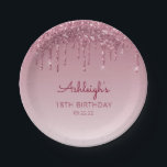 Plato De Papel Moda Borgoña Purpurina Drip 18th Birthday Party<br><div class="desc">Estas elegantes placas de papel de moda para fiestas de 18 años presentan un brillante borde rojo burdeos de imitación de purpurina goteo y un fondo oscuro de color burdeos. Personalízalos con el nombre del invitado de honor en escritura a mano en burdeos, con su cumpleaños y fecha debajo en...</div>
