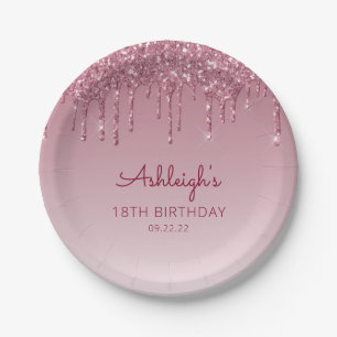 Plato De Papel Moda Borgoña Purpurina Drip 18th Birthday Party