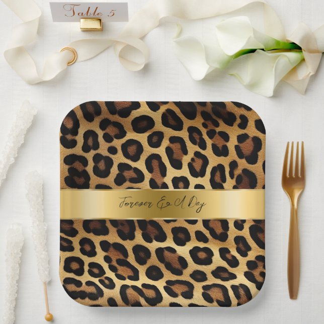 Plato De Papel Moda Brown Gold Leopard Boda (Boda)