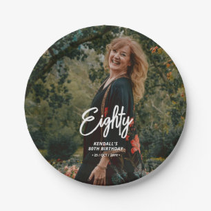 Plato De Papel Moda Brush Script Personalizado Foto Fiesta de cum