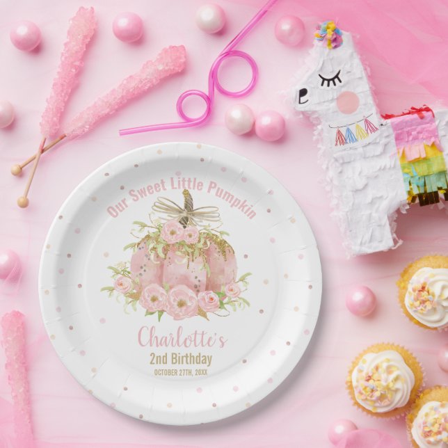 Plato De Papel Moda Calabaza Rosada Primer Chica de Cumpleaños Fl (Fiesta)