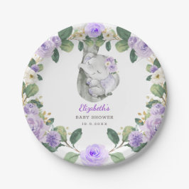 Plato De Papel Moda Chica Baby Shower de Elefante Morado Floral