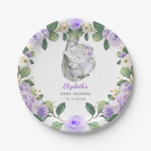 Plato De Papel Moda Chica Baby Shower de Elefante Morado Floral