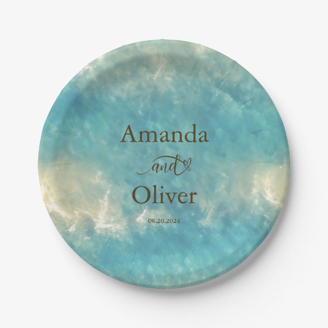 Plato De Papel Moda costera Boda de agua turquesa de arena dorada (Anverso)