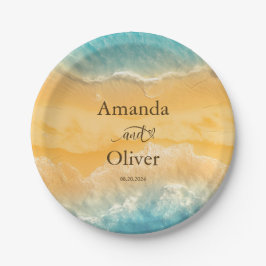 Plato De Papel Moda costera Boda de agua turquesa de arena dorada
