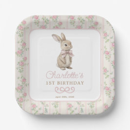 Plato De Papel Moda Cottage rosa Bunny Chica Floral Cumpleaños