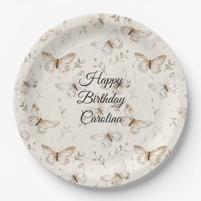 Plato De Papel Moda Cream Butterflies Cumpleaños (Anverso)