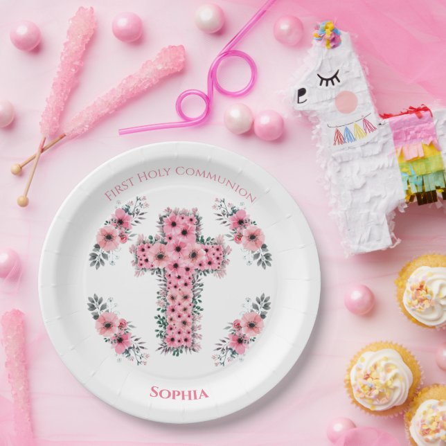 Plato De Papel Moda cruzada primero Chica de la Santa Comunión Fl (Fiesta)