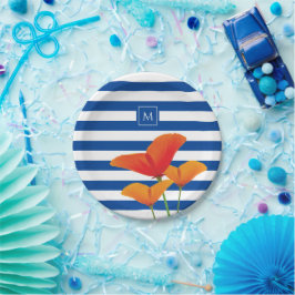 Plato De Papel Moda de amapola Bandas Azules Monograma