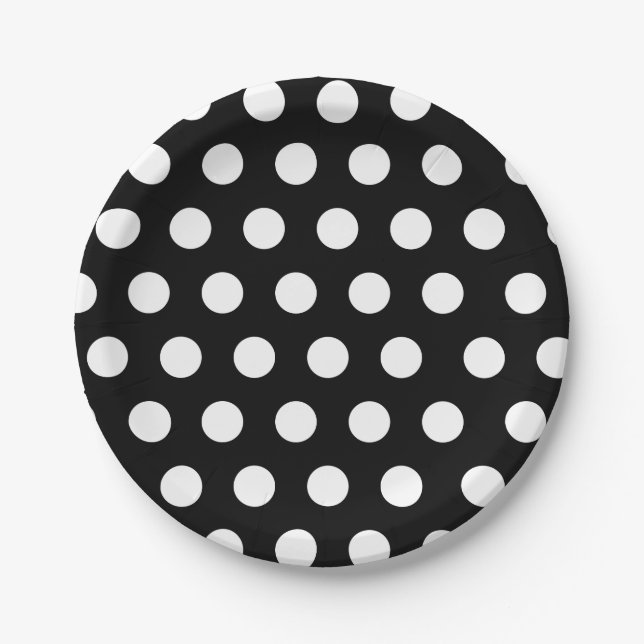 Plato De Papel Moda de puntos polka de tamaño medio blanco y negr (Anverso)