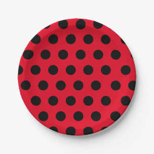 Plato De Papel Moda de puntos polka de tamaño medio negro y rojo