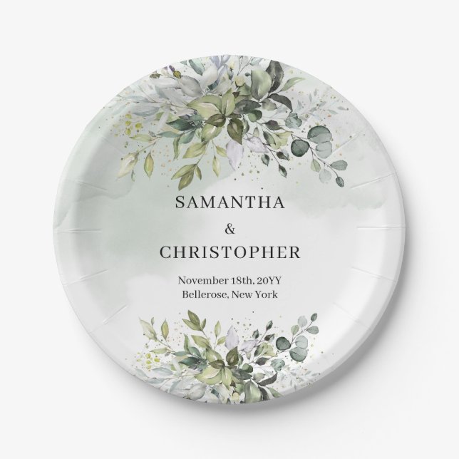 Plato De Papel Moda del follaje de eucalipto verde y dorado (Anverso)