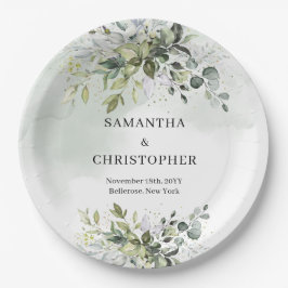 Plato De Papel Moda del follaje de eucalipto verde y dorado