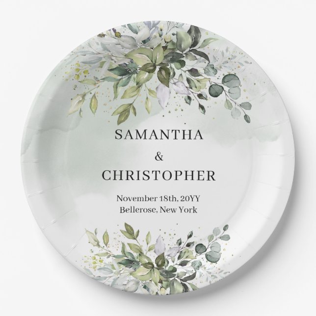 Plato De Papel Moda del follaje de eucalipto verde y dorado (Anverso)