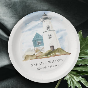 Plato De Papel Moda Dusky Aqua Blue Lighthouse Boda de Montaña