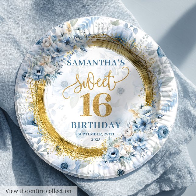 Plato De Papel Moda Dusty Blue Sweet Dieciséis Placas Purpurinas  (Chic Dusty Blue Sweet Sixteen Gold Glitter Plate Set)