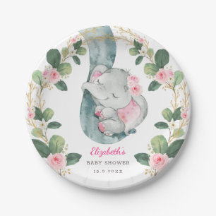 Plato De Papel Moda Elefante Floral Rosa Chica Baby Shower