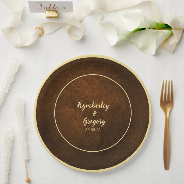 Plato De Papel Moda Elegante Marrón Oscuro Texturado Acento de Or (Boda)