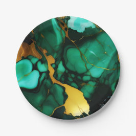 Plato De Papel Moda Elegante verde oscuro dorado Faux Marble