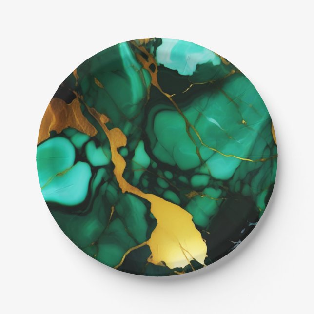 Plato De Papel Moda Elegante verde oscuro dorado Faux Marble (Anverso)