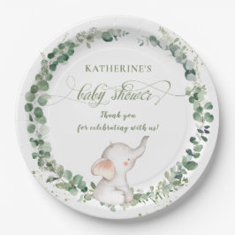 Plato De Papel Moda Elephant Greenery Género Baby Shower neutral