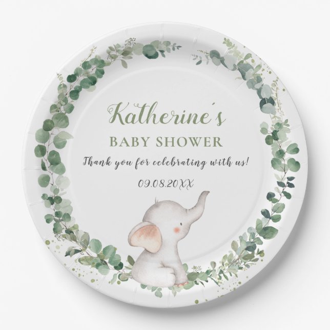 Plato De Papel Moda Elephant Greenery Género Baby Shower Neutral  (Anverso)