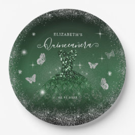 Plato De Papel Moda Emerald Green Silver Purpurina Gown Quinceañe