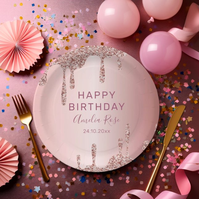 Plato De Papel Moda Feliz cumpleaños Rosa Purpurina de oro (Subido por el creador)
