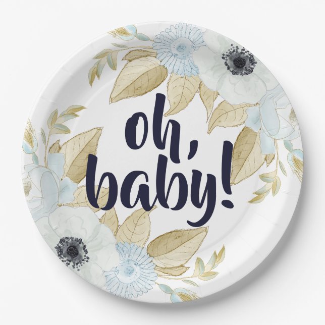 Plato De Papel Moda Floral azul y blanca Oh Baby Baby Shower