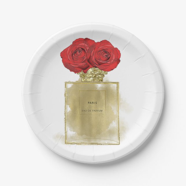 Plato De Papel Moda Floral Perfume Botella Roses Rojas Glam de Or (Anverso)