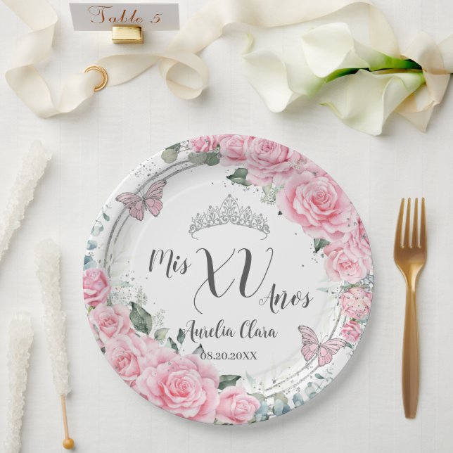 Plato De Papel Moda Floral Plata Rosada Mariposas Quinceañera XV (Boda)