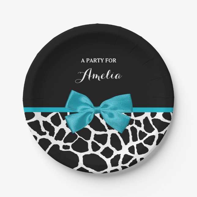 Plato De Papel Moda Giraffe Imprimir Aqua Cinta Azul Bow Con Nomb (Anverso)