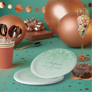 Plato De Papel Moda Green Purpurina Drip 30 cumpleaños Fiesta