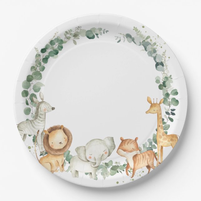 Plato De Papel Moda Jungle Animals Greenery Baby Shower Cumpleaño (Anverso)