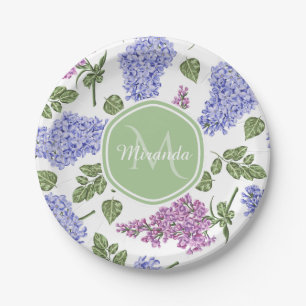 Plato De Papel Moda Lavender Lilac Floral Pastel Verde Monograma